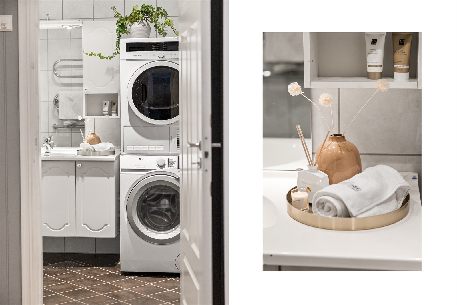 Her finner du innredning med nedfelt servant, vegghengt speil, vegghengt toalett, dusjkabinett, samt opplegg for vaskemaskin og tørketrommel. Galleribilde