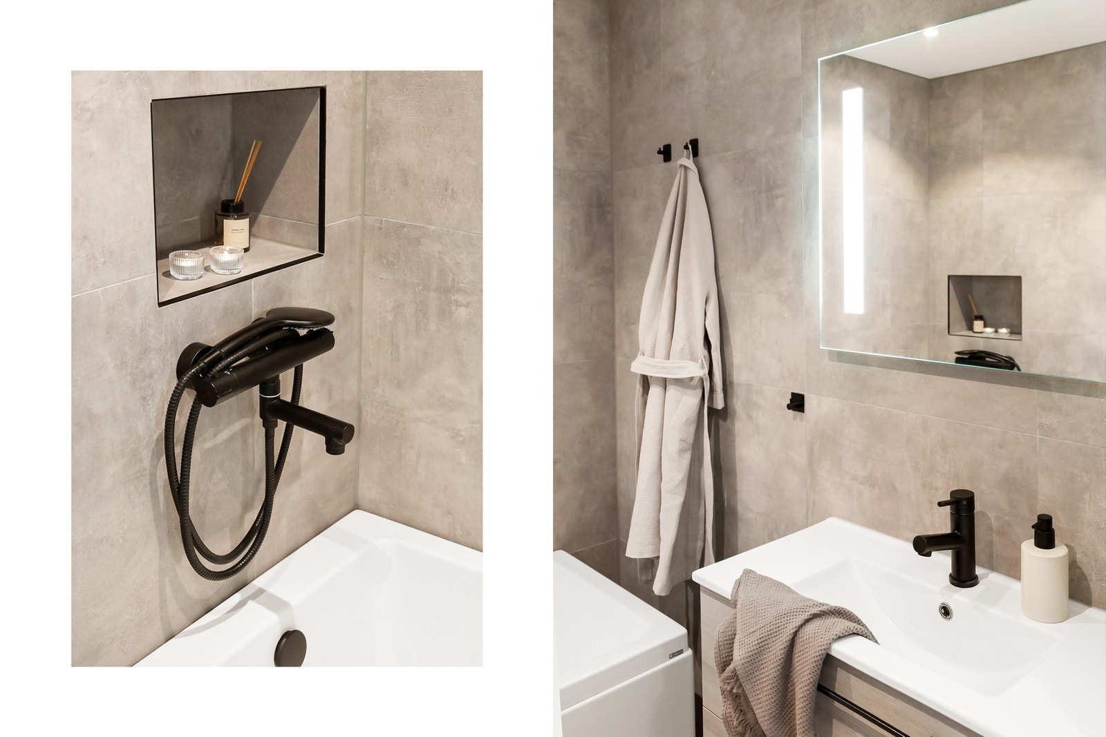 Rommet inneholder innredning med servant, badekar, toalett, speil og belysning Galleribilde