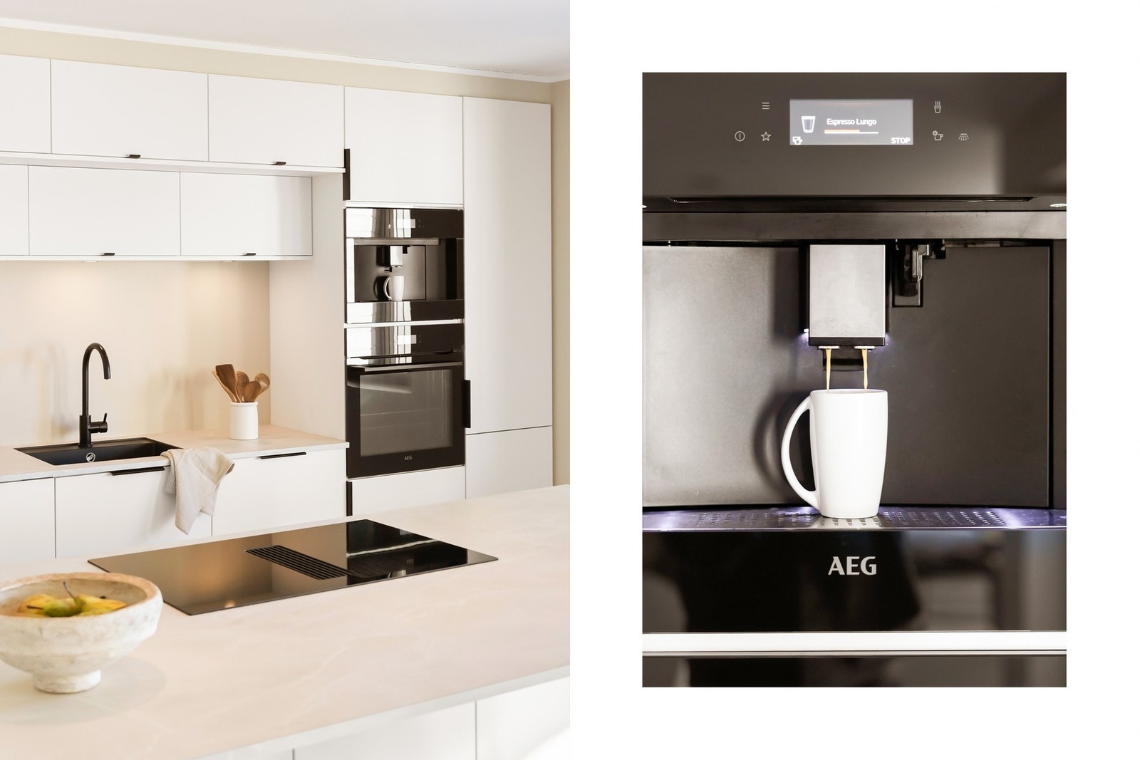 Påkostede hvitevarer med blant annet integrert kaffemaskin og platetopp med ventilator Galleribilde