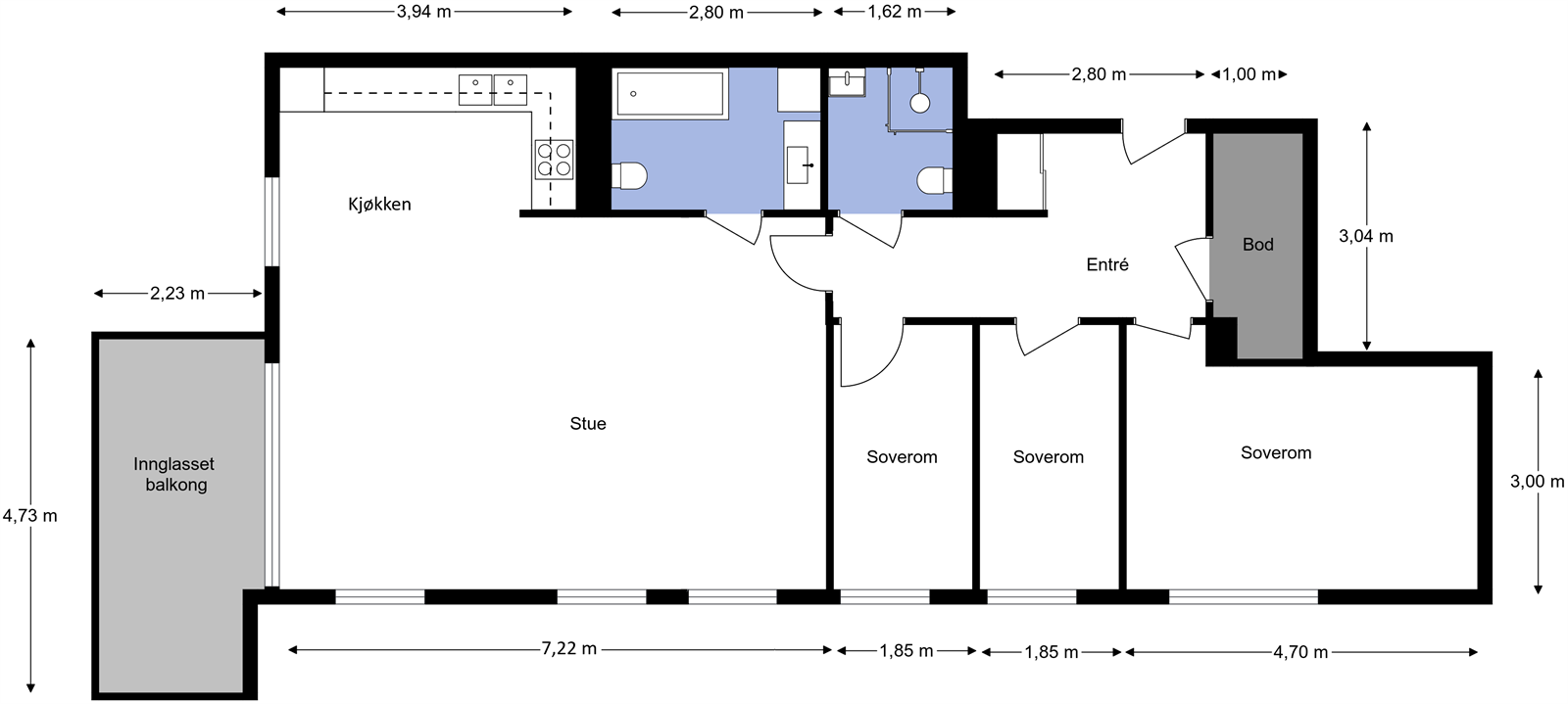 Alternativ planskisse 4-roms - Det er gode muligheter for å gjøre om boligen til en 4-roms og dermed skape en større stueplass Galleribilde