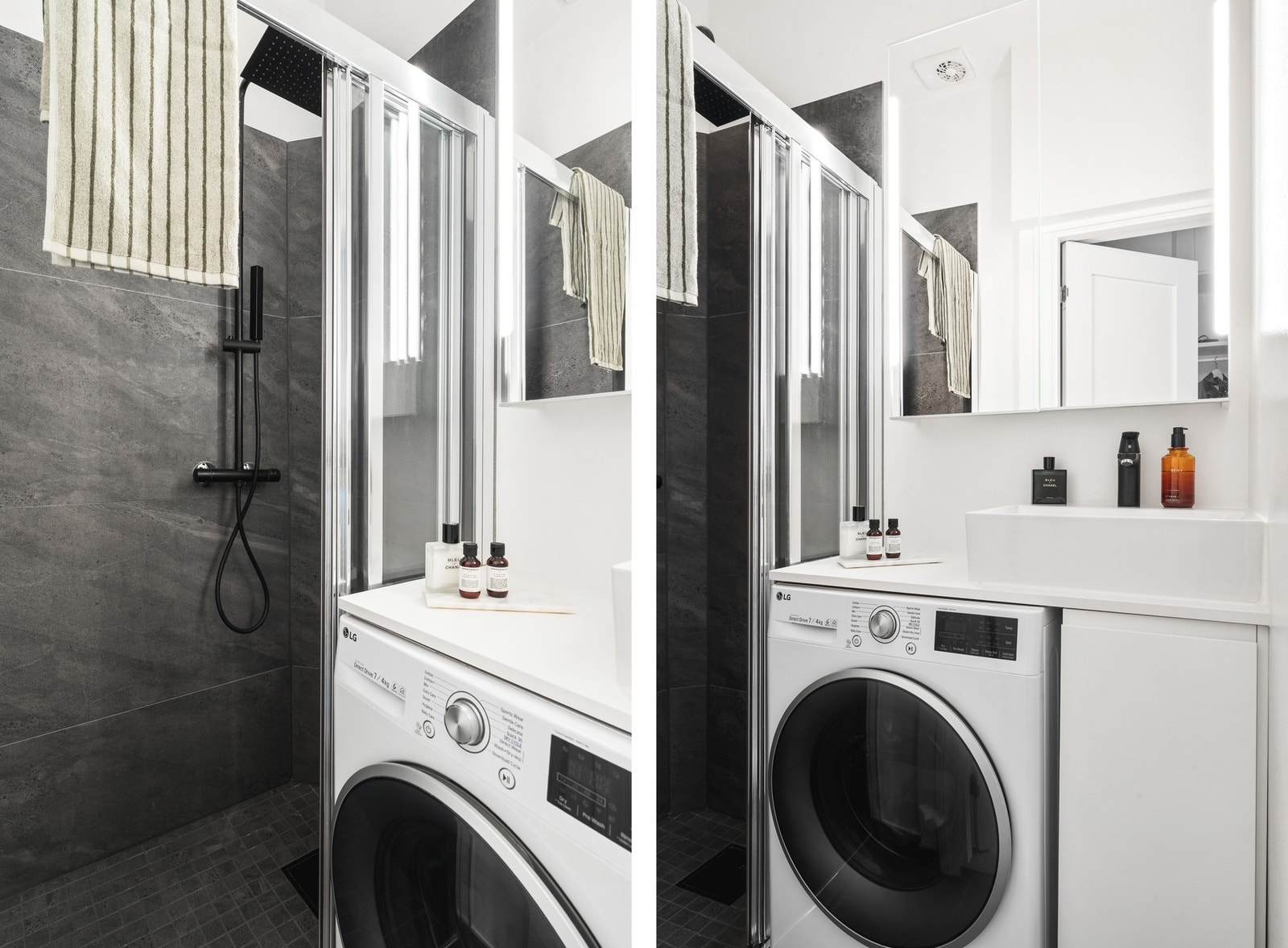 Det er innredet med dusjhjørne med dusjgarnityr, og skapinnredning med overliggende servant, vaskemaskin og veggskap. Galleribilde