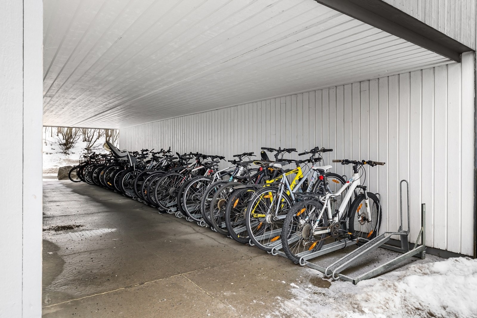 Rett ved siden av oppgangen er det adkomst fra skog og fortau til inn i "Parken" (gårdsrommet) Galleribilde