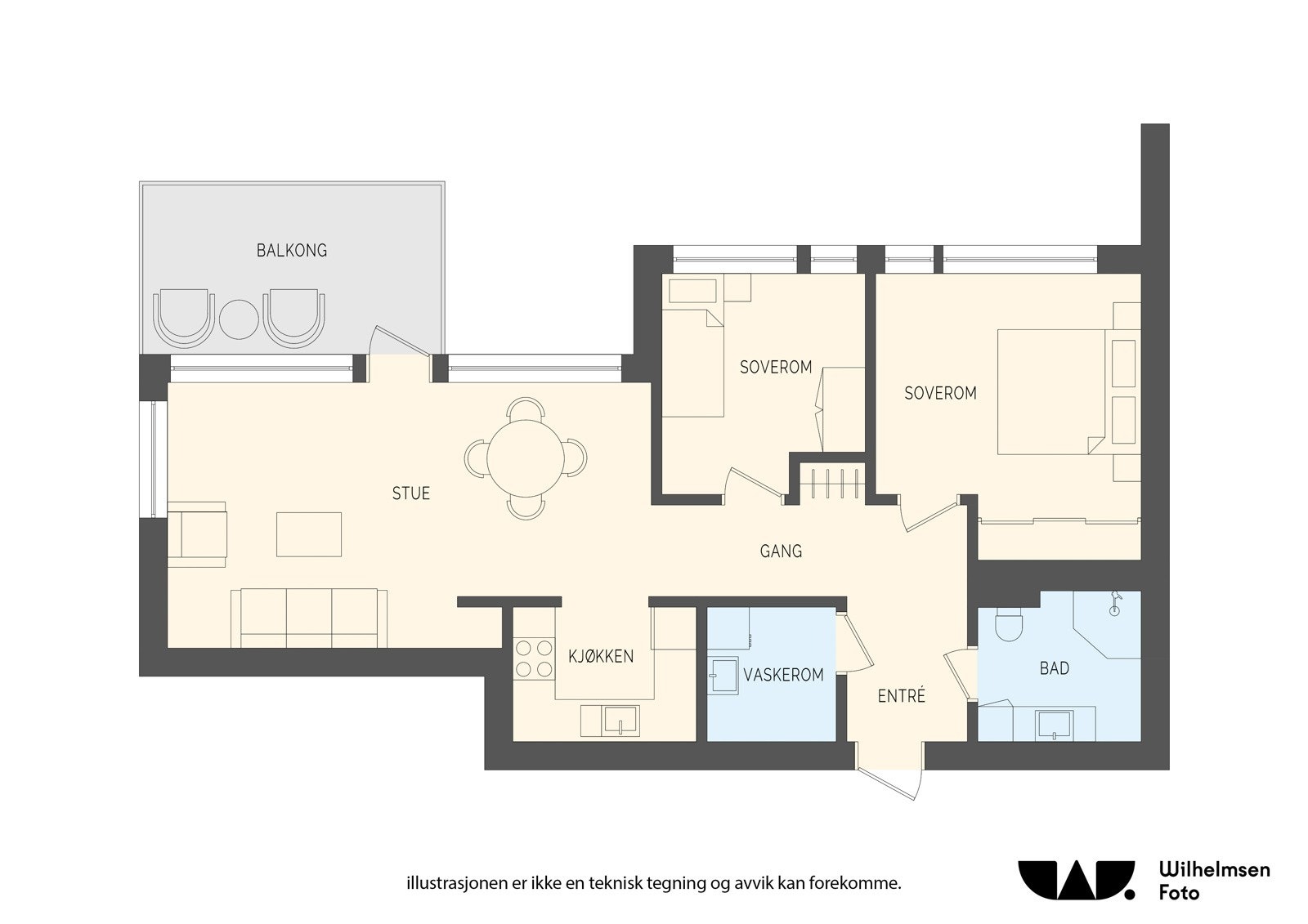 Leiligheten ligger i enden av gangen, på hjørnet av byggets høye første etasje. Galleribilde