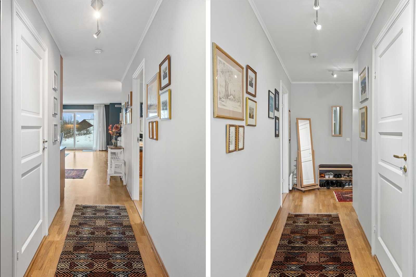 Gangen leder inn til stue-/kjøkkensonen. Galleribilde