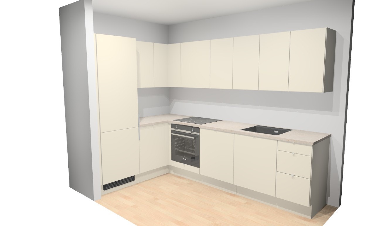 Kjøkkentegninger for leiligheten. Kjøkkenet er oppgradert med fronter i "glatt beige", Delaware Stone benkeplate, underlimt sort vask og har "click-push" på overskap. Det er også Tapwell kjøkkenkran med uttrekkbar tut Galleribilde