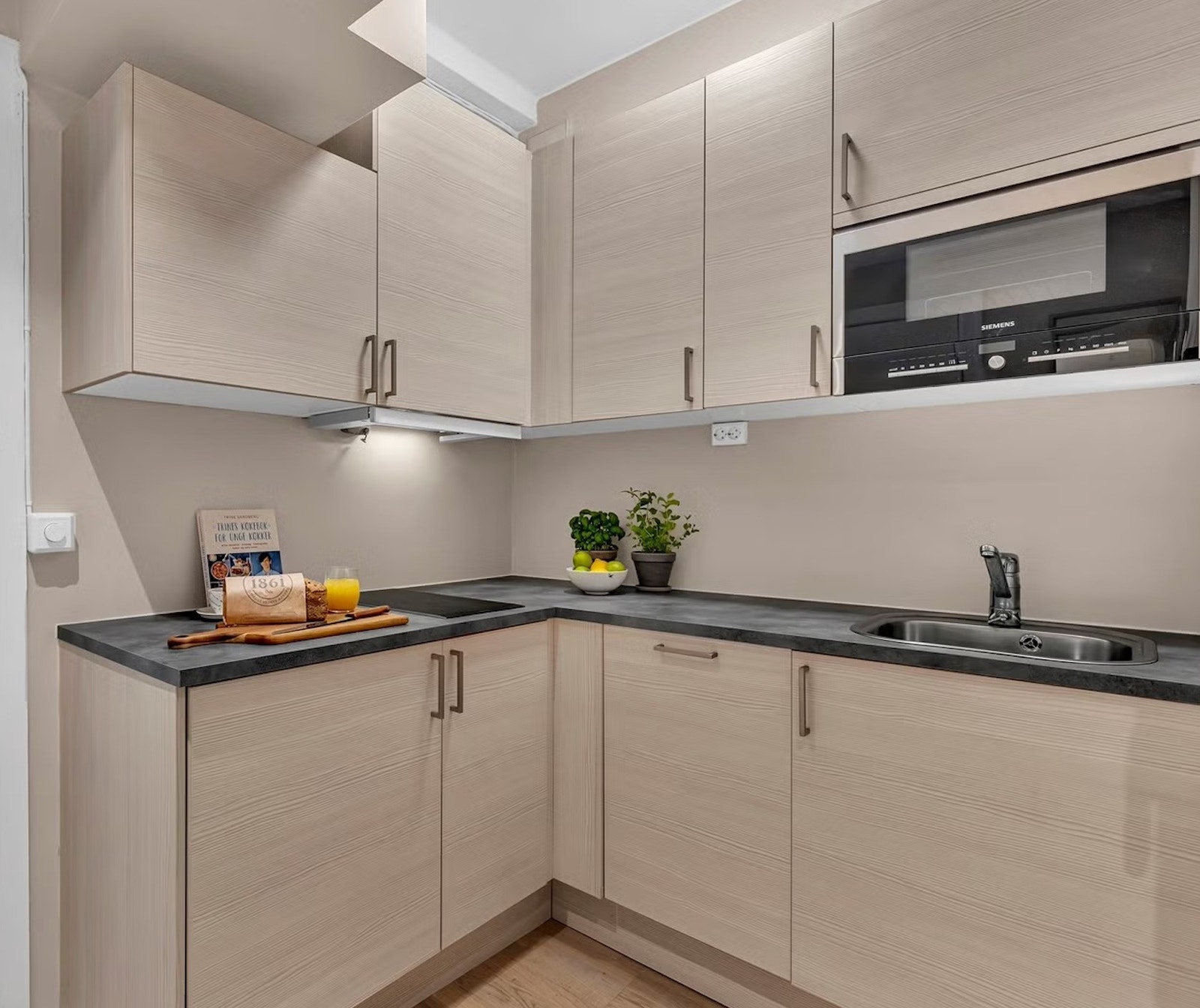 Moderne kjøkken med oppvaskmaskin, mikrobølgeovn med ovnfunksjon, samt stekeplate og kjøleskap. Galleribilde