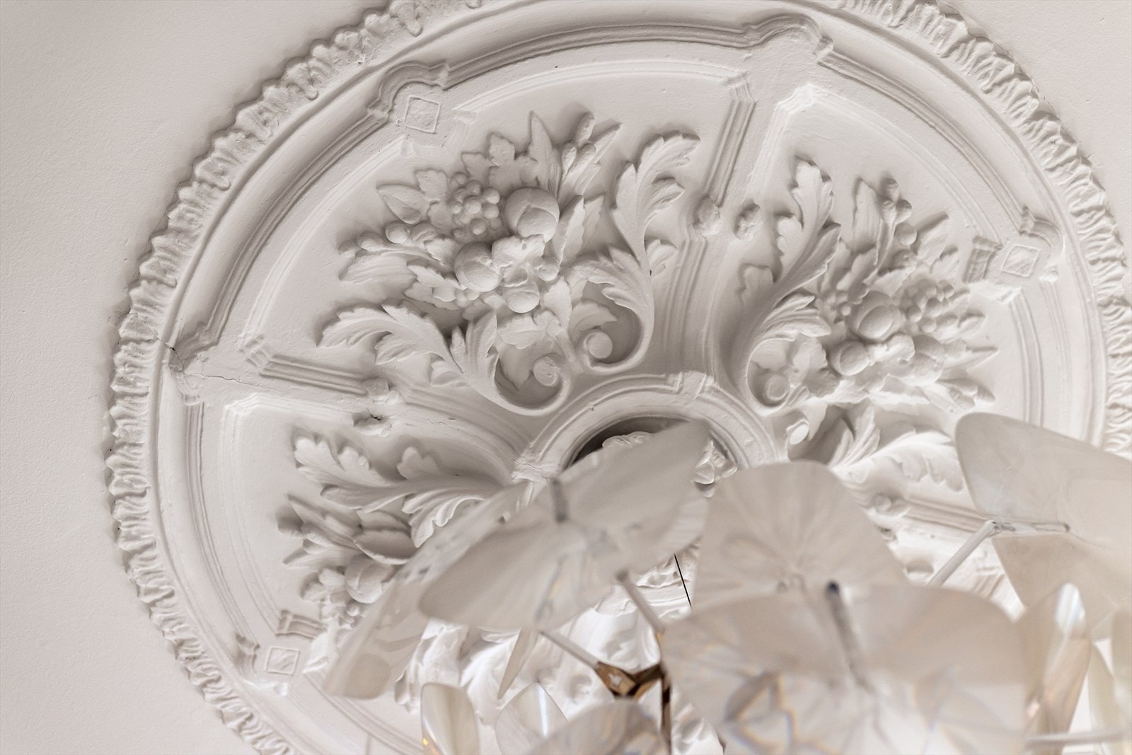 Klassiske detaljer som rosett og stukkatur i himling. Galleribilde