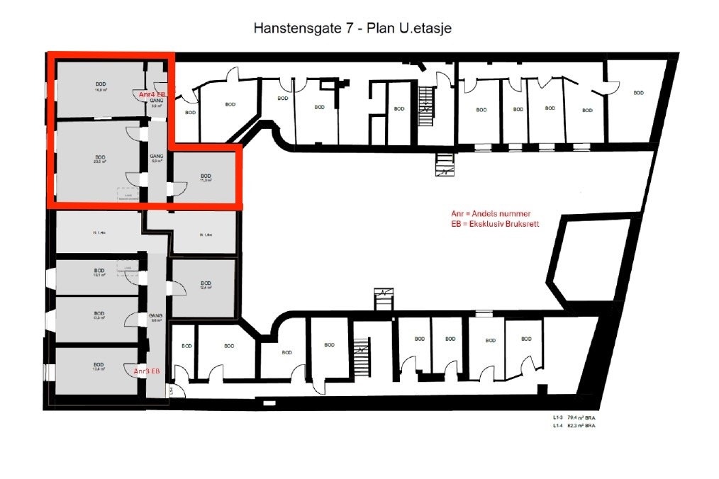Plassering av bodene som andelen har eksklusiv bruksrett til. Galleribilde