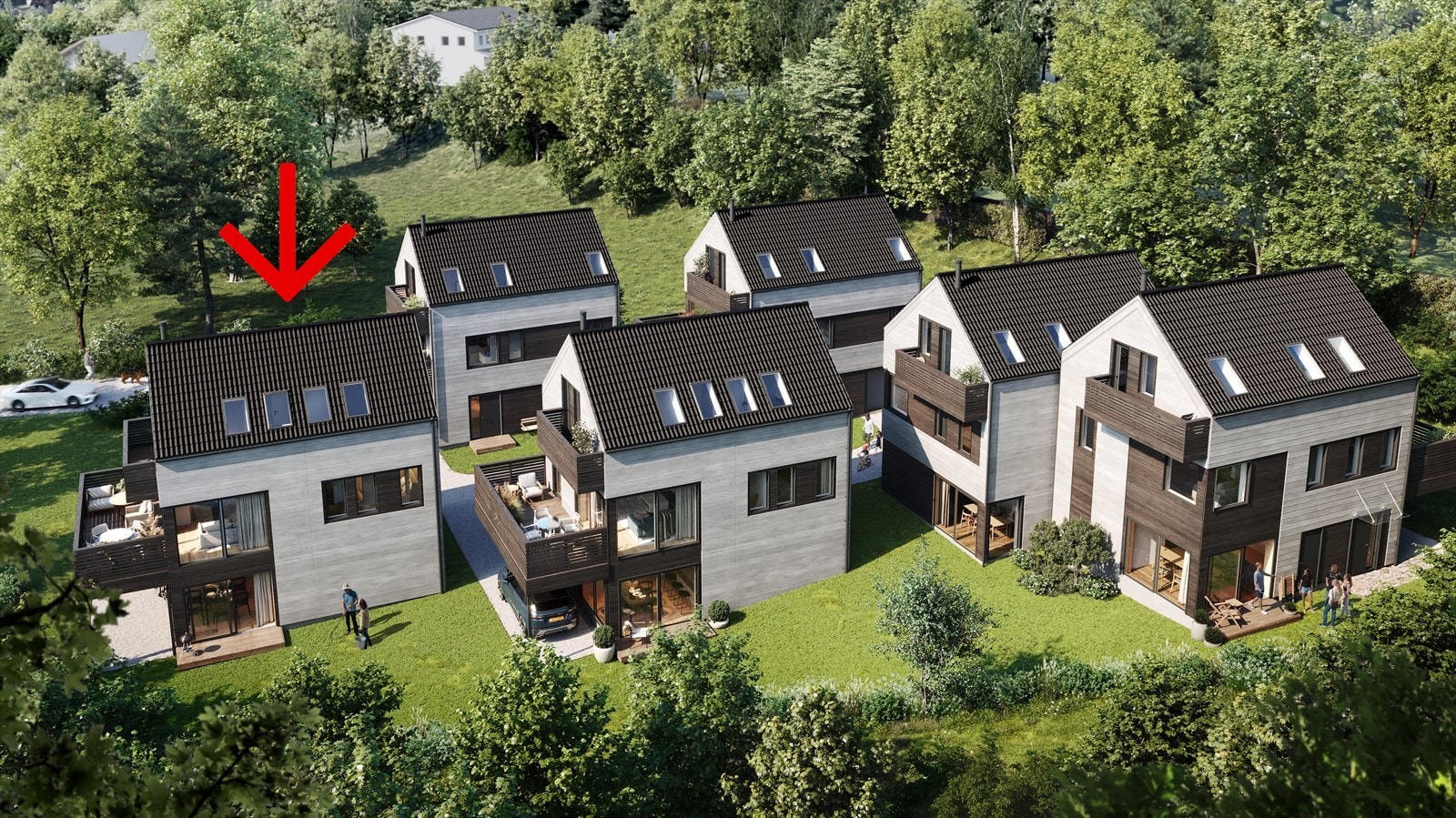 Fire arkitekttegnede eneboliger og èn tomannsbolig i et veletablert og attraktivt område. Galleribilde