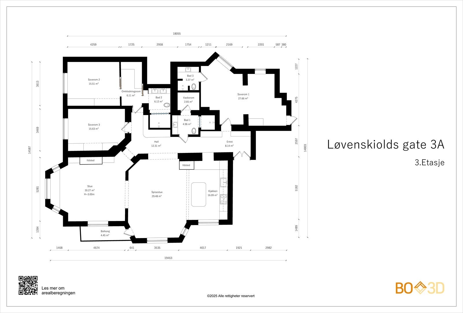 3.etg. inneholder: Entré med garderobeskap, kjøkken, spisestue, stue, 3 soverom, walk-in garderobe, 3 bad og vaskerom. Galleribilde