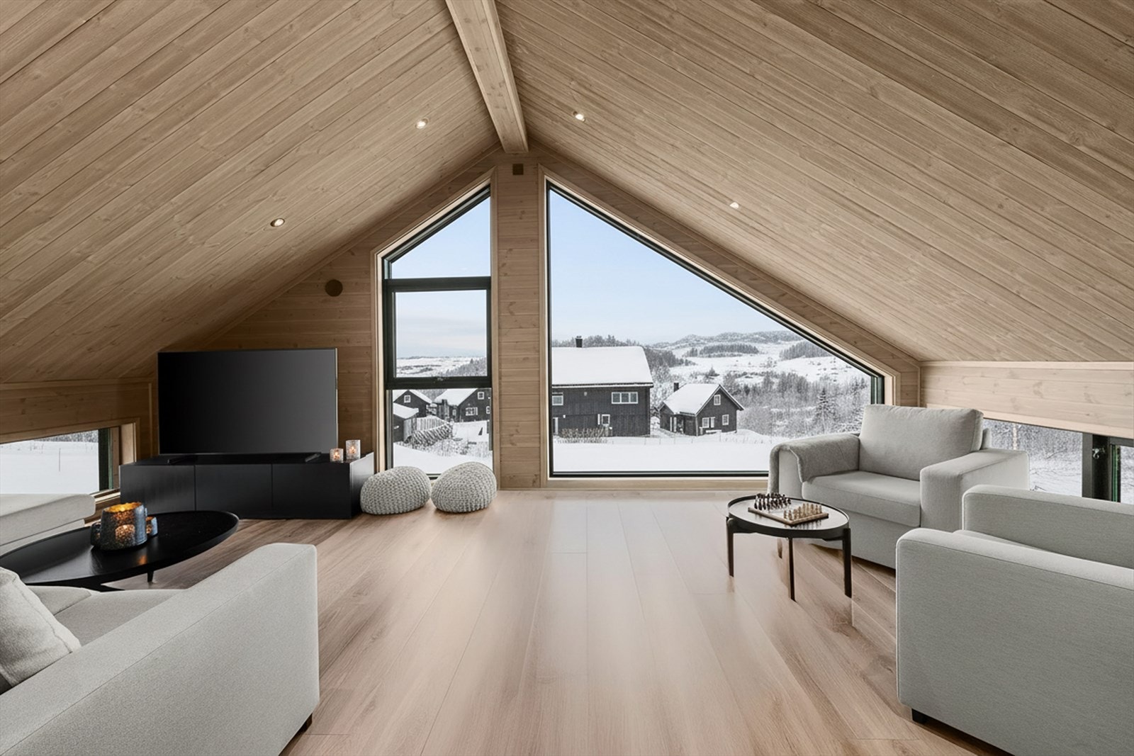 Hytte med morderne, gjennomgående høy standard og byr på en nydelig panoramautsikt over fjellene. Foto er AI generert Galleribilde