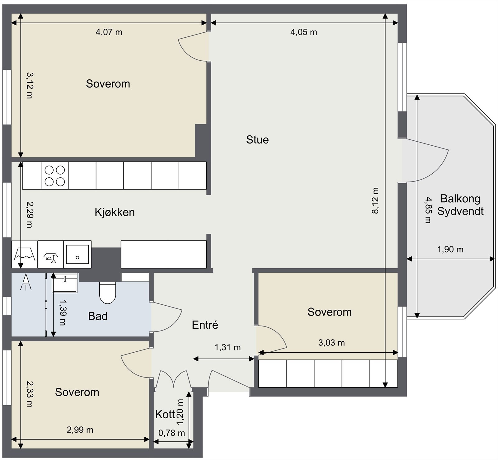 En alternativ planløsning illustrerer muligheten for to ekstra soverom. Dette er leilighetens originale plantegning. Galleribilde