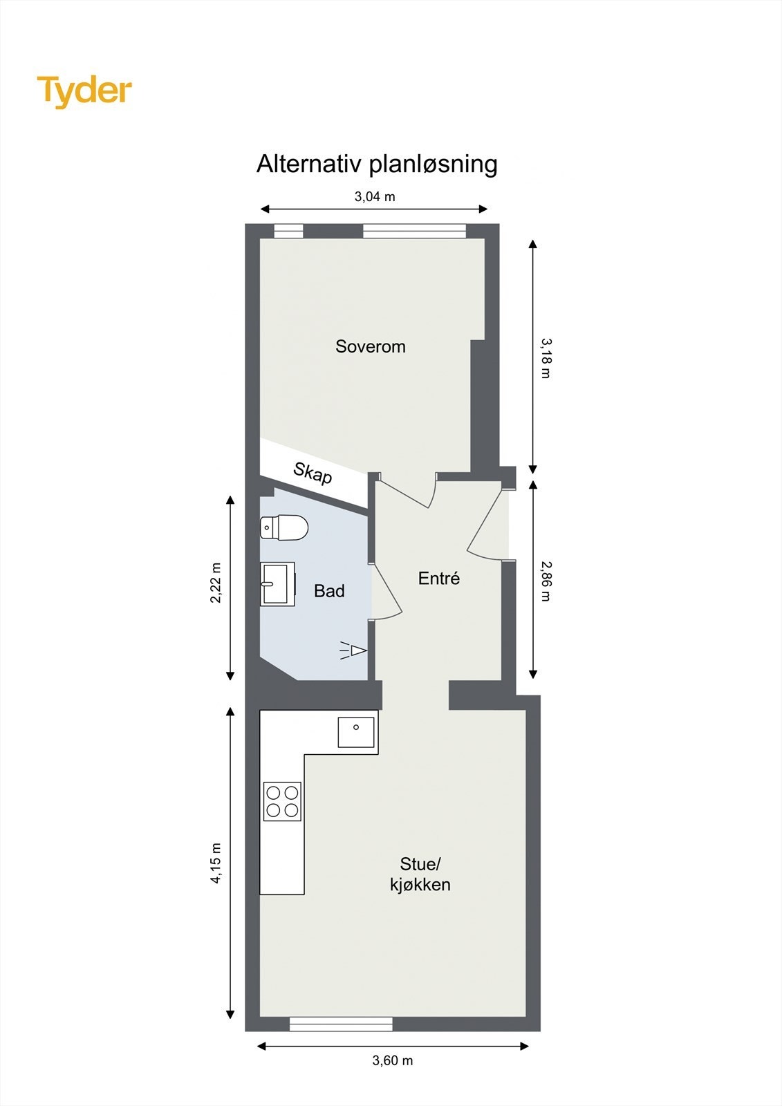 Alternativ planløsning for leiligheten.
Plantegningen er utarbeidet som en illustrasjon. Det er ikke vurdert om løsningen lar seg gjennomføre teknisk eller i henhold til gjeldene regelverk, og endringer kan derfor vise seg å ikke være mulige. Galleribilde