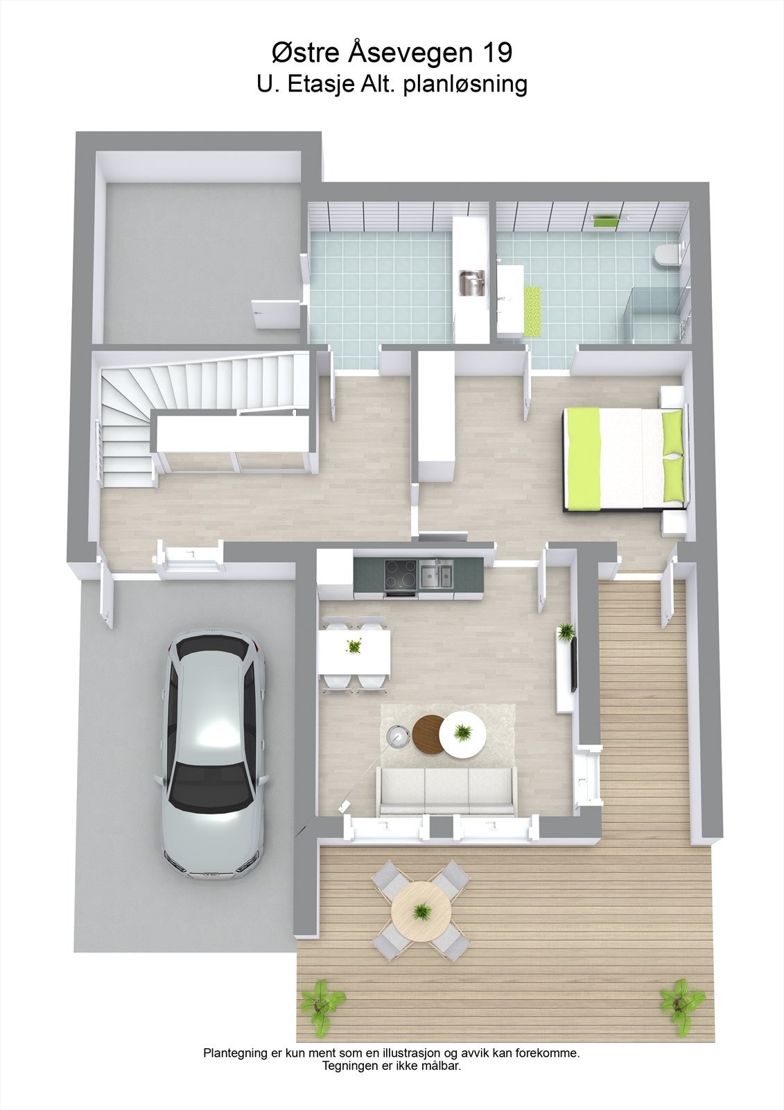 Alternativ 3D plantegning i underetasjen med utleiedel Galleribilde