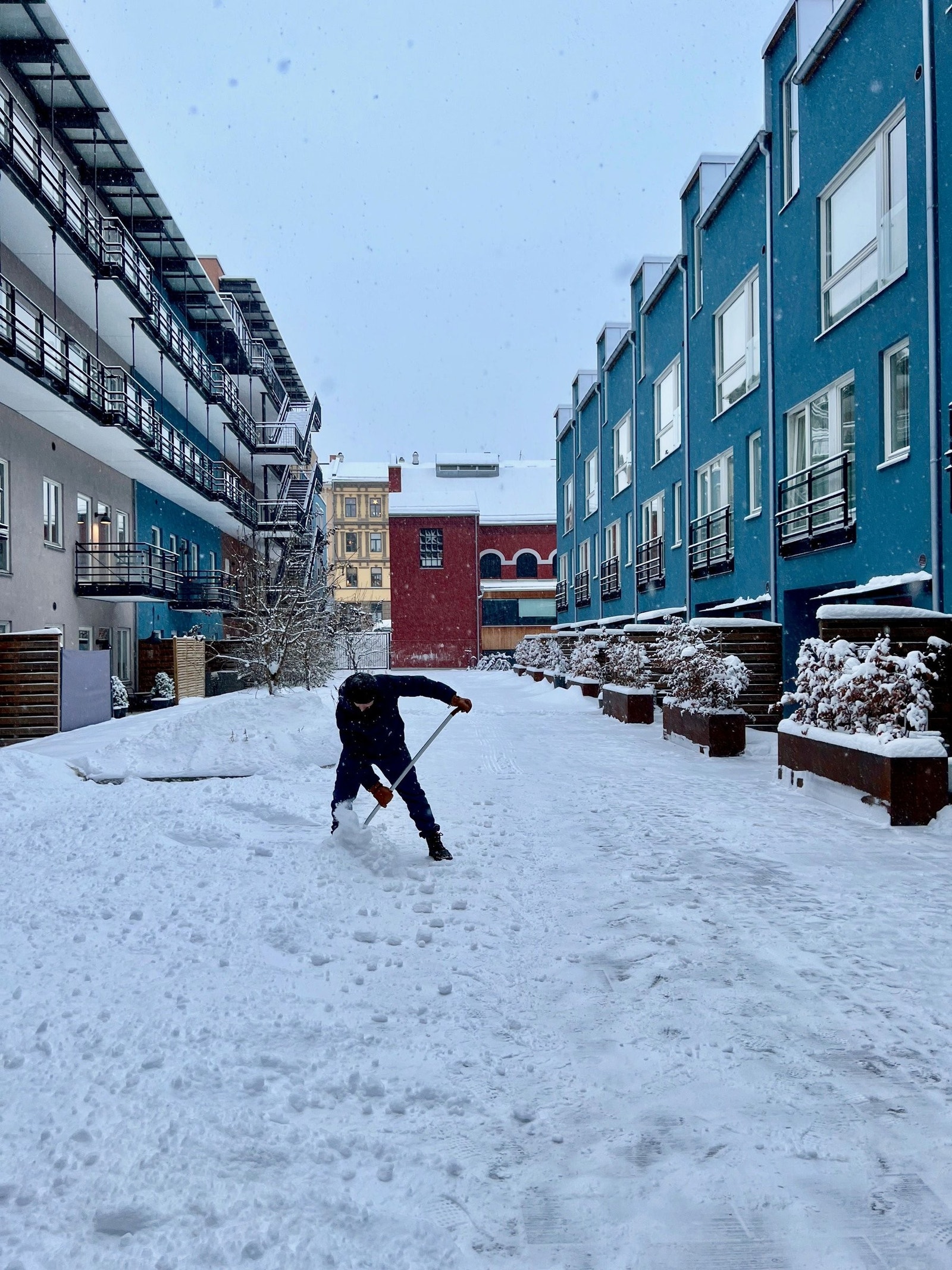 Når snøen laver ned, legger noen inn ekstra innsats for naboene i sameiet Grüner Village. Galleribilde
