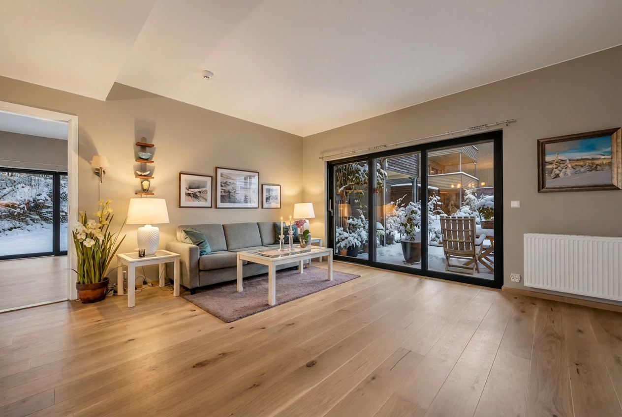 Lys og romslig stue med store vindusflater som slipper inn rikelig med dagslys. Galleribilde