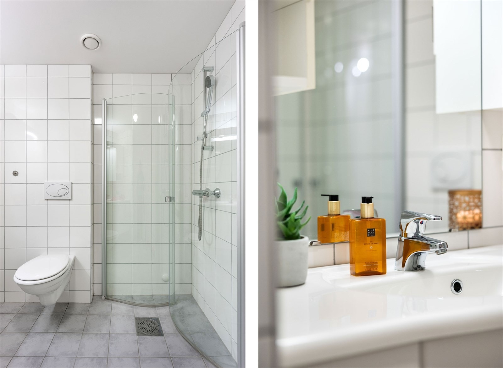 Badet er utstyrt med servant med underskap, speil og sideskap, dusjnisje, vegghengt klosett og vaskemaskin. Galleribilde