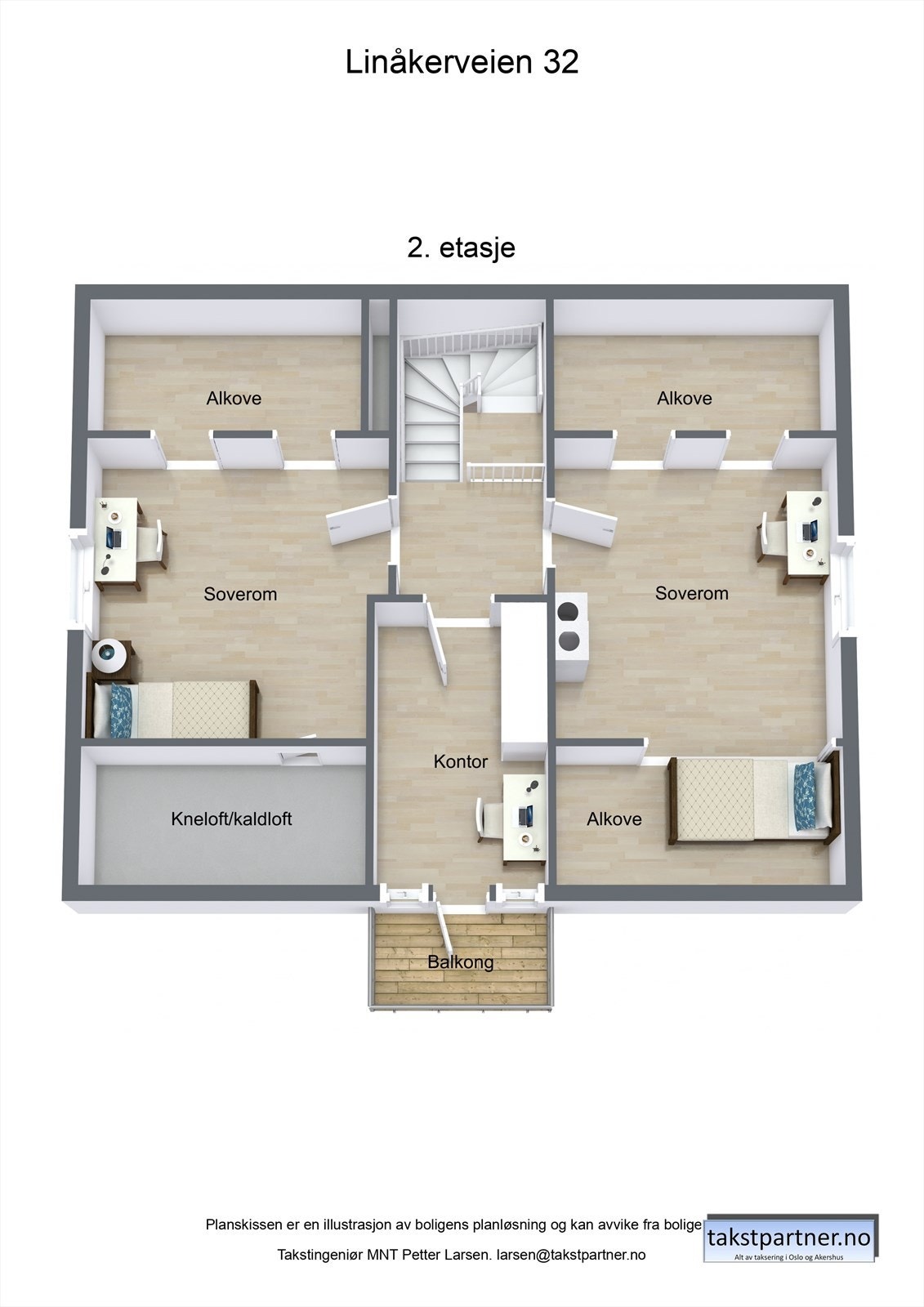 Plantegning 2. etasje: trapperom, to soverom og kontor med utgang til balkong. Galleribilde