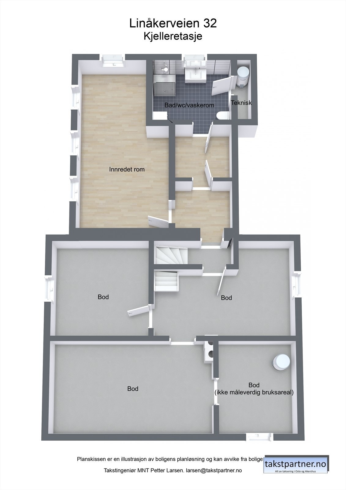 Plantegning kjeller: gang, bad, teknisk rom, kjellerstue og bodrom. Galleribilde