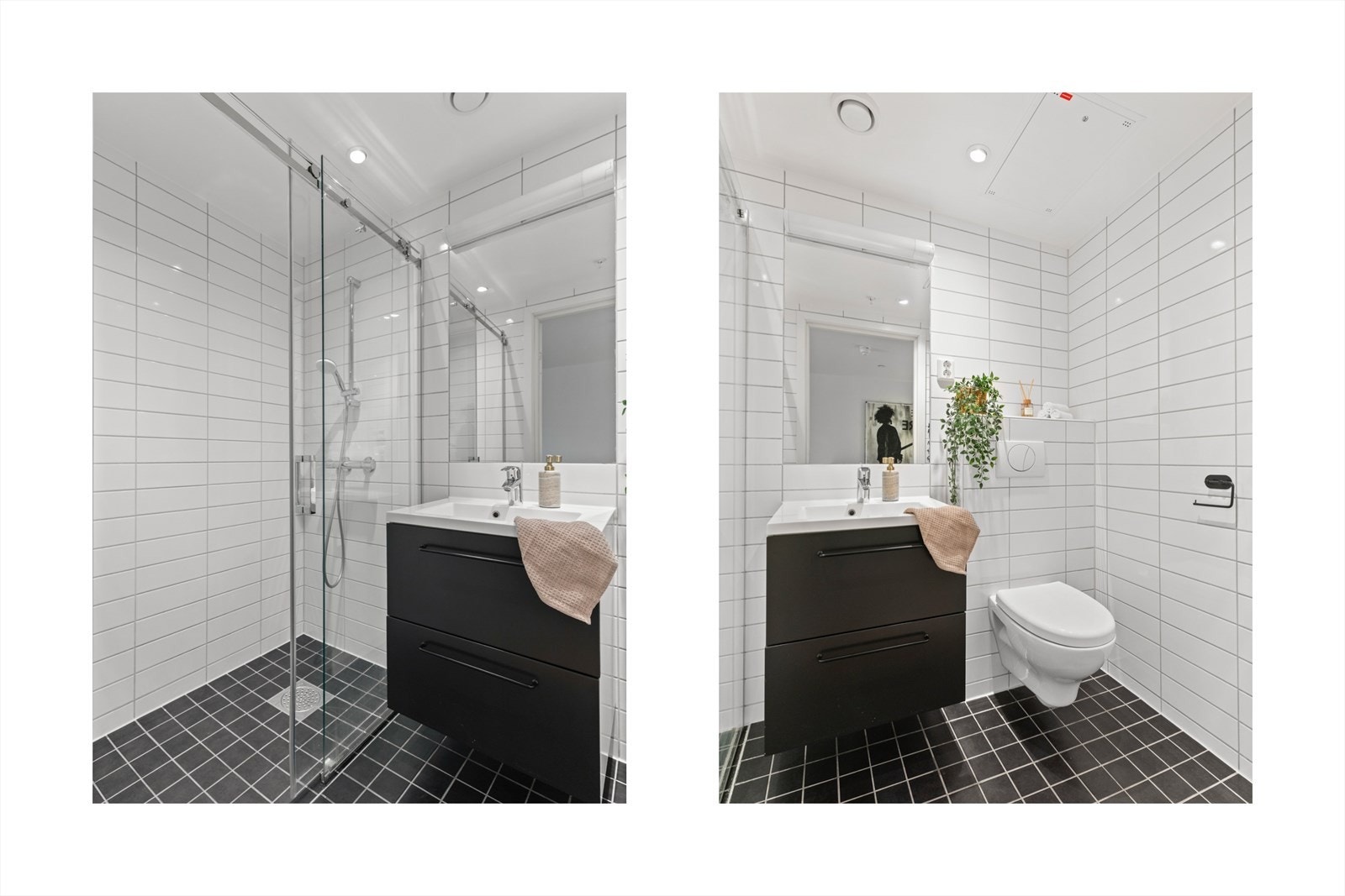 Leiligheten har et bad i hver etasje. Dette badet er utstyrt med dushjørne, servant og toalett. Galleribilde