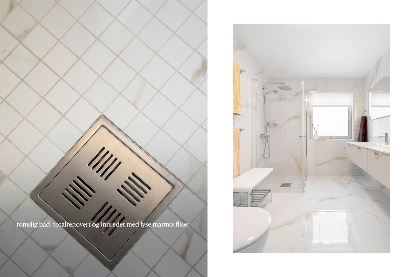 Lekre marmor-fliser i 60x60 på gulv. Mosaikk i dusjsonen Galleribilde