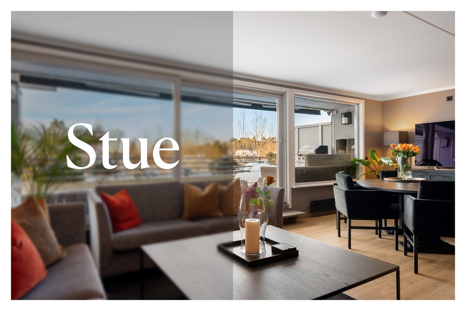 Romslig stue med store vindusflater som slipper inn rikelig med naturlig lys til rommet Galleribilde