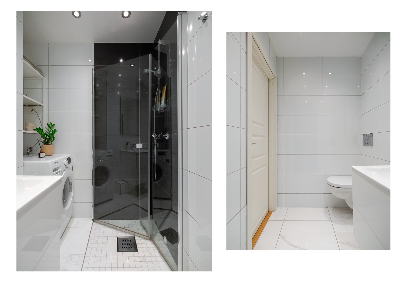 Badet er utstyrt med veggmonterte dusjdører, servant med underskap, speil, veggmontert wc og det er opplegg for vaskemaskin. Galleribilde