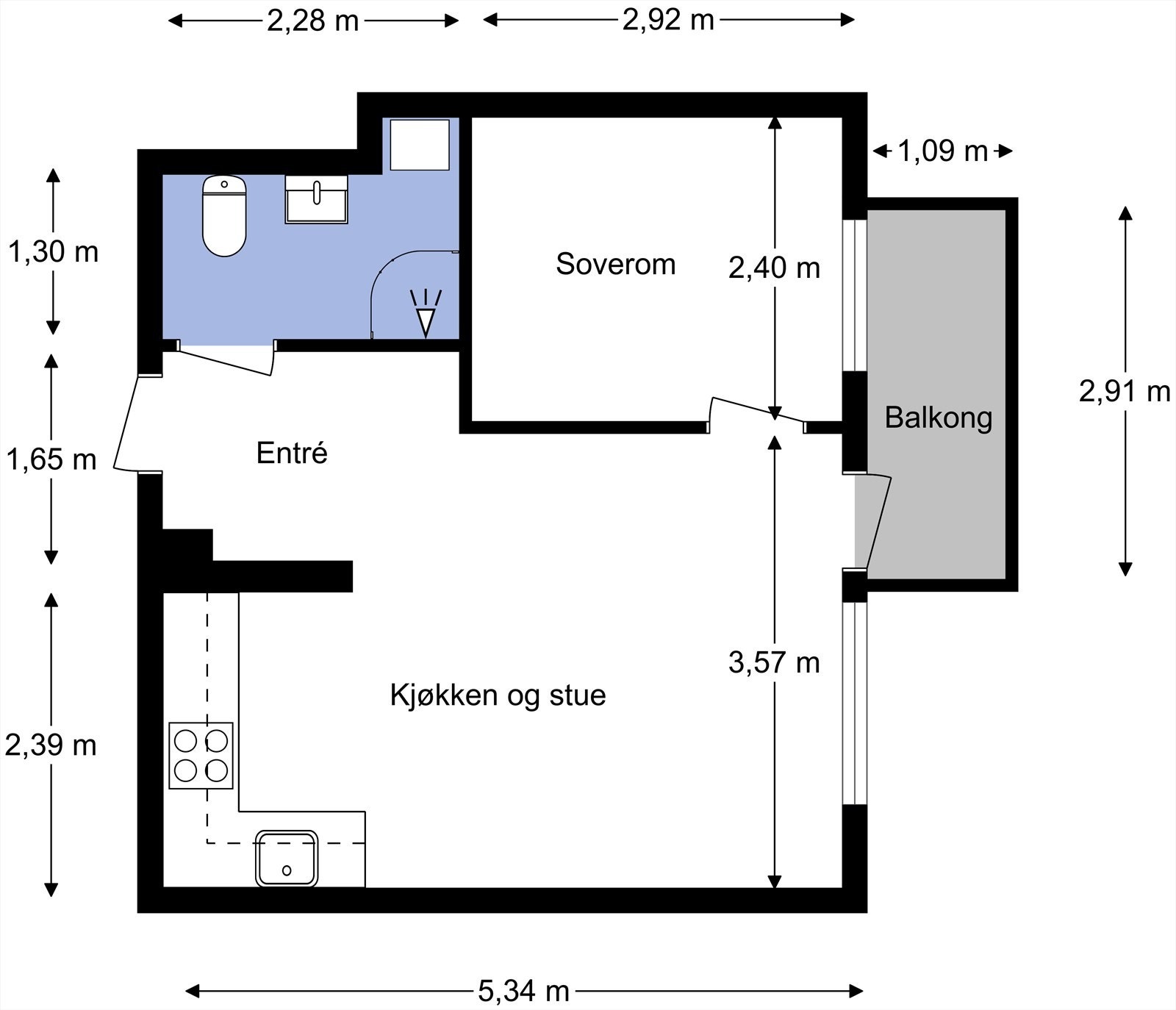 Leiligheten ligger i byggets 4. etasje og inneholder entré, stue/kjøkken med utgang til balkong, soverom og bad.
I tillegg disponerer leiligheten en kjellerbod. Galleribilde