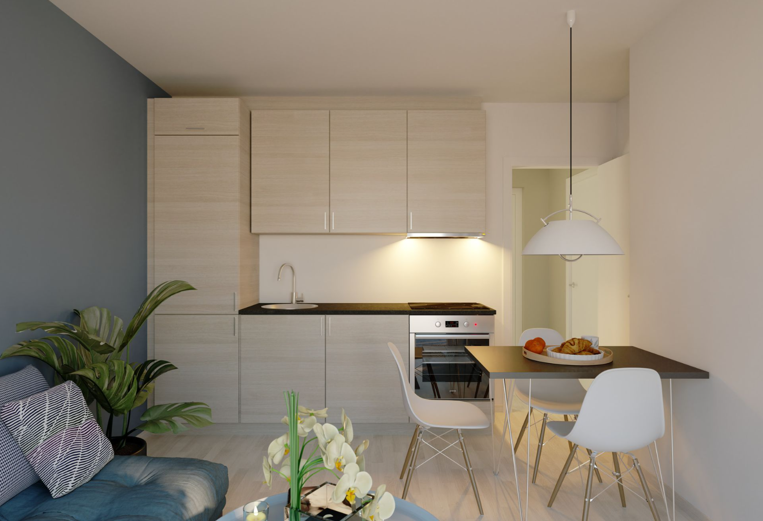 Kjøkkenet leveres av optimera og er det danske merket Aubo. Illustrasjonsbilde. Avvik vil forekomme. Galleribilde