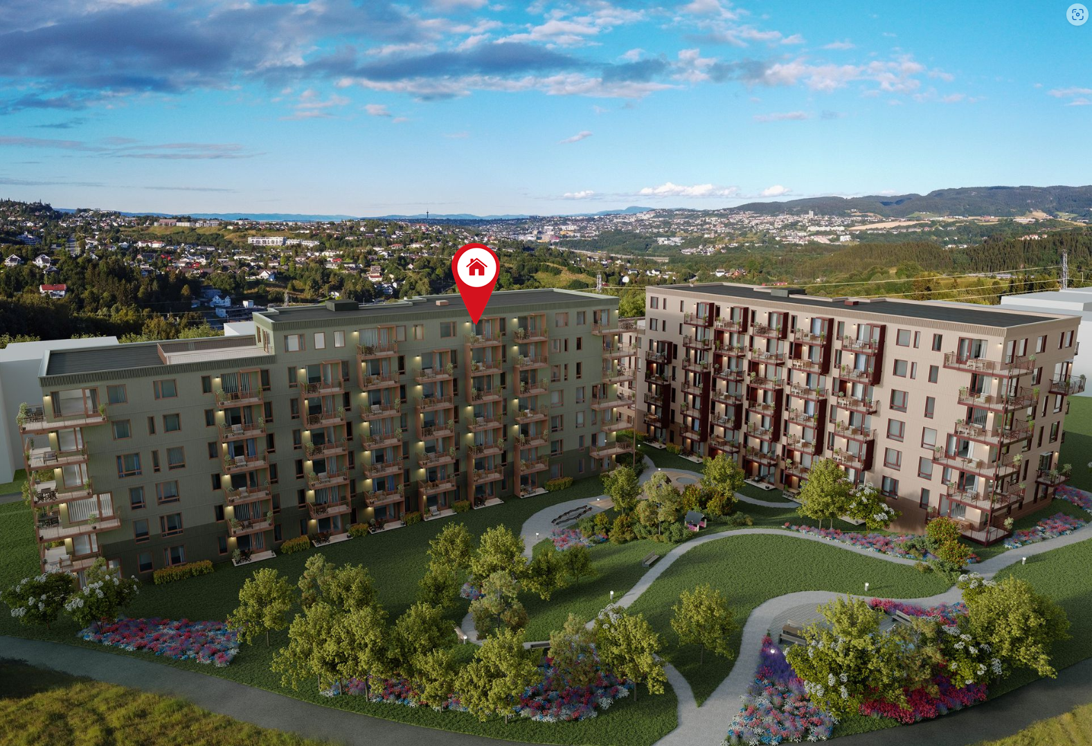 Leiligheten vender mot sør og ligger i toppen av bygget. Illustrasjonsbilde. Avvik vil forekomme. Galleribilde