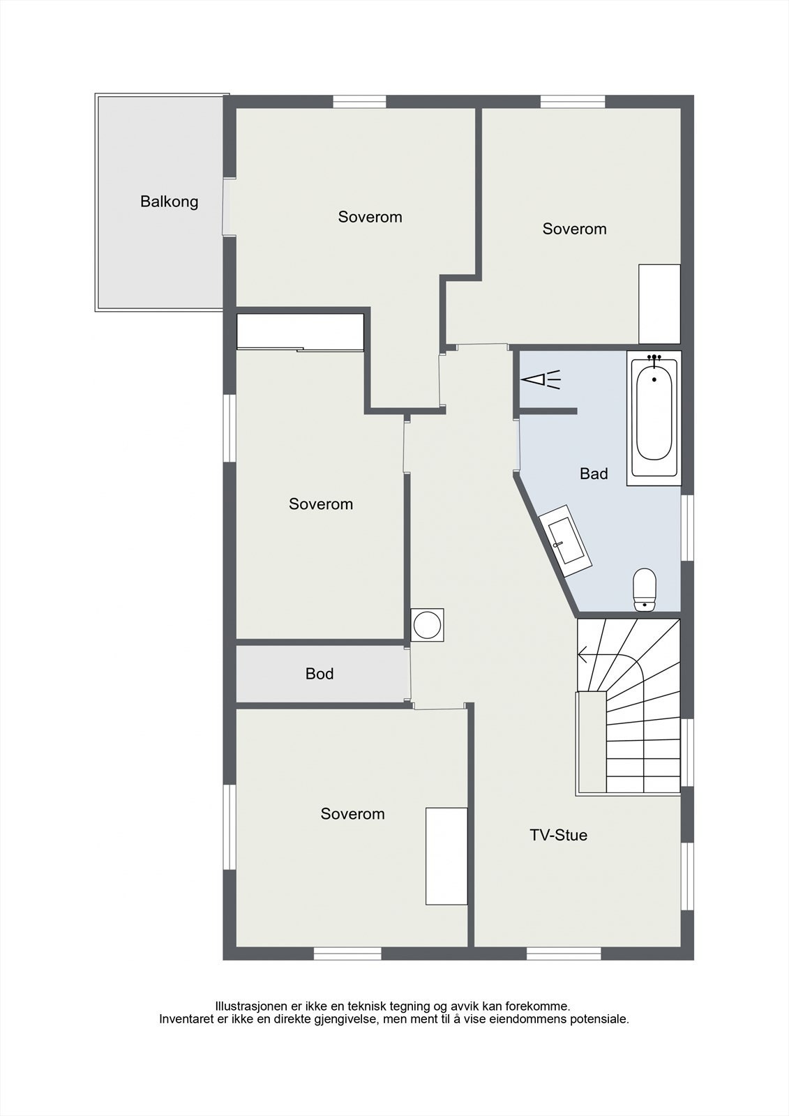 Andre etasje inneholder fire soverom, en bod, bad og en gang som fungerer som TV-stue. Galleribilde