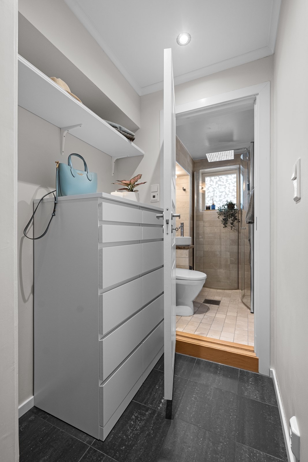 Mellomgangen har god plass til å henge fra seg klær, sko og en praktisk kommode samt hyller for oppbevaring. Galleribilde