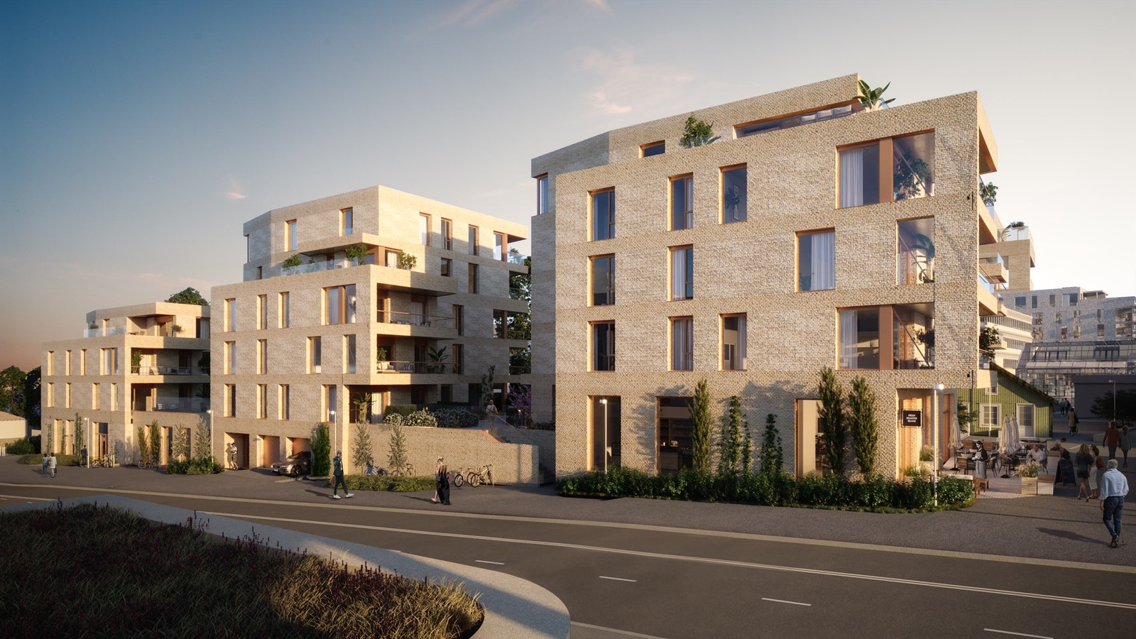 Illustrasjon av fasader | Røa X blir et kvalitetsprosjekt med 56 nye leiligheter som er fordelt på fire elegante bygg. Avvik kan forekomme. Galleribilde