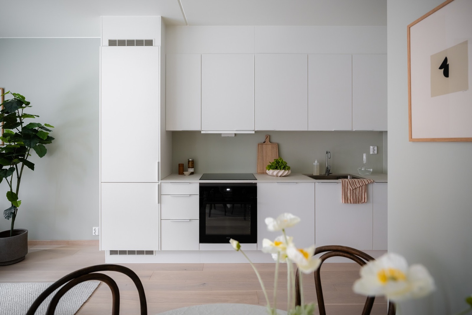 Stikkontakt og belysning er montert under overskapene. Galleribilde