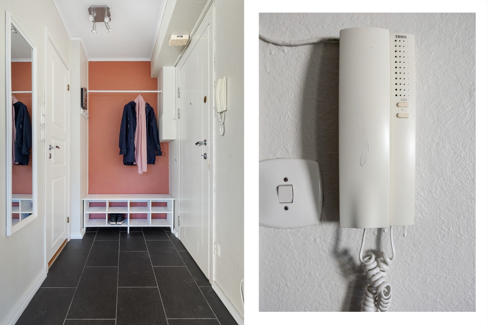 Innbydende entré med plass til enkel garderobeløsning for yttertøy og sko. Galleribilde