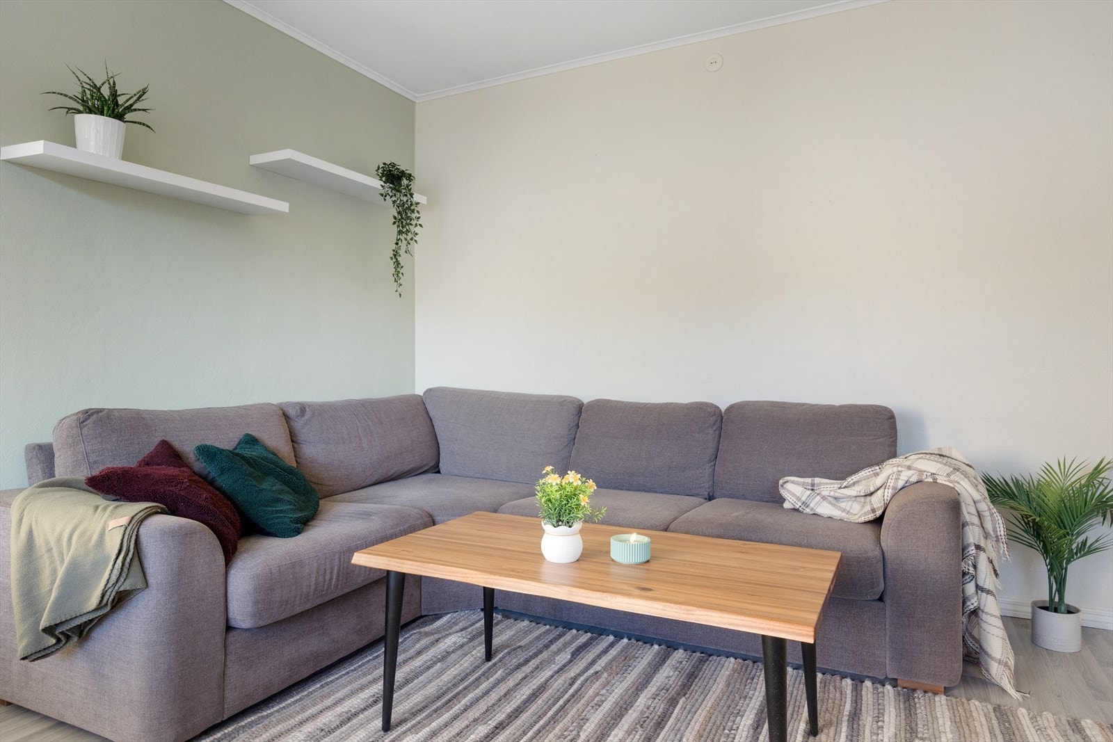 Stuen er malt i en lekker grønntone, som gir rommet et moderne preg. Galleribilde