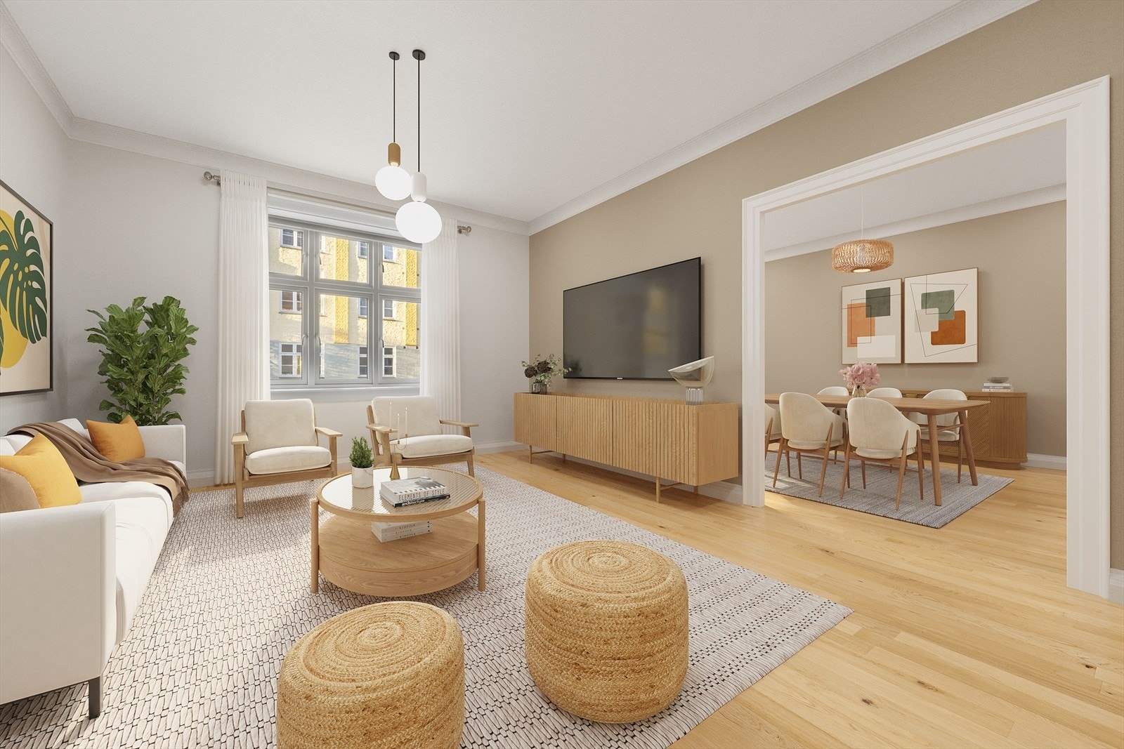 Virtuelt bilde: Stuen er digitalt møblert og illustrerer mulig innredning i stuen. Galleribilde