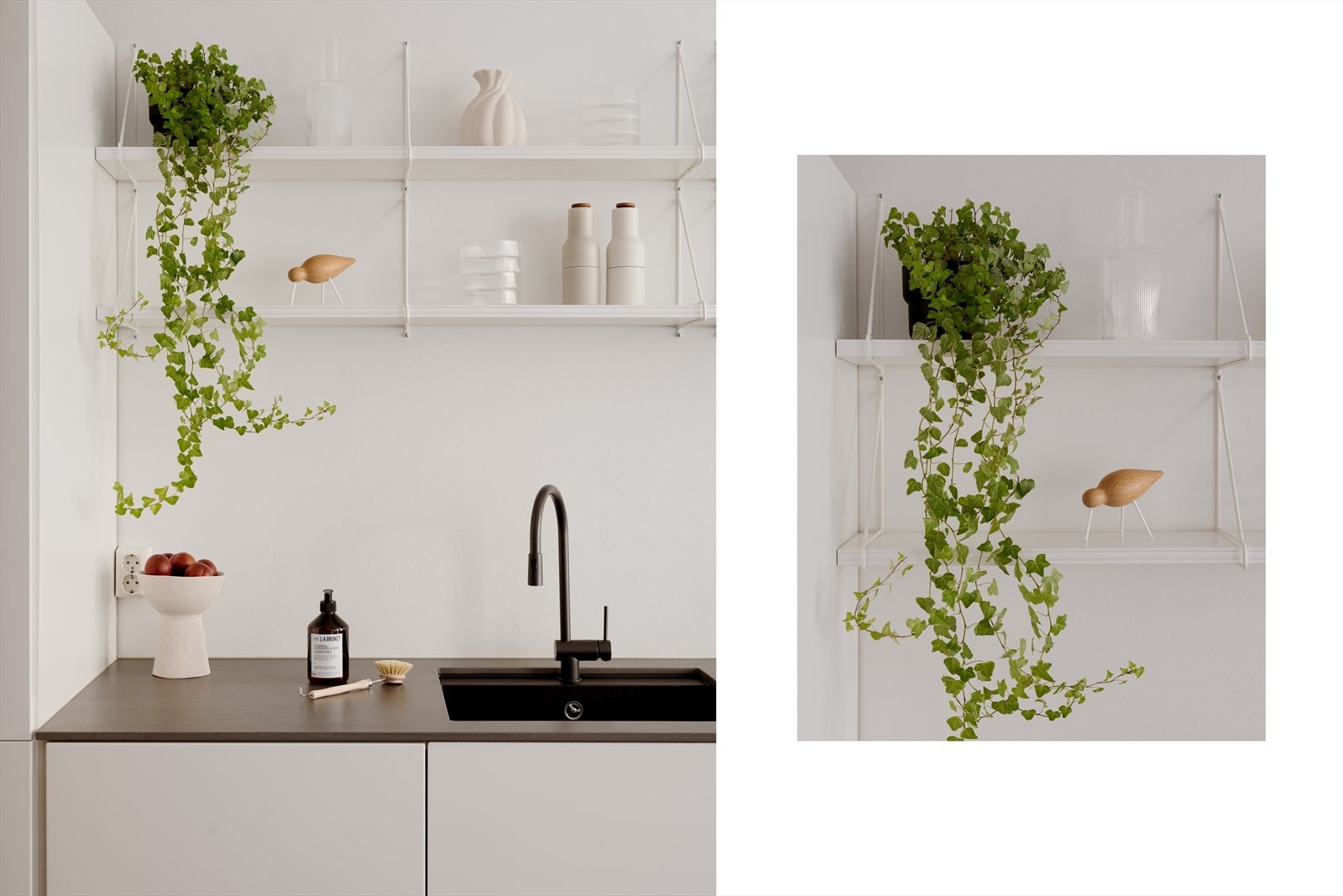 Benkeplate i slitesterk steinkompositt og underlimt komposittkum gir en elegant og helhetlig finish. Galleribilde