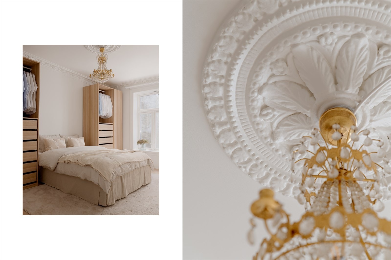 Hovedsoverommet er svært romslig og innbydende med god takhøyde og stukkatur, samt en vakker rosett i himlingen. Galleribilde