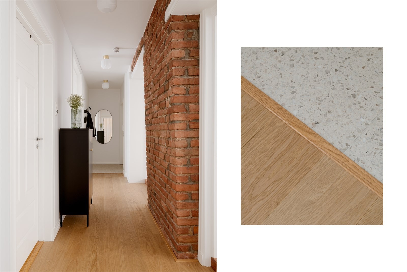 Innbydende entré med 1-stavs parkett og fliser på gulvet, samt eksponert teglsteinsvegg som gir karakter og varme. Galleribilde