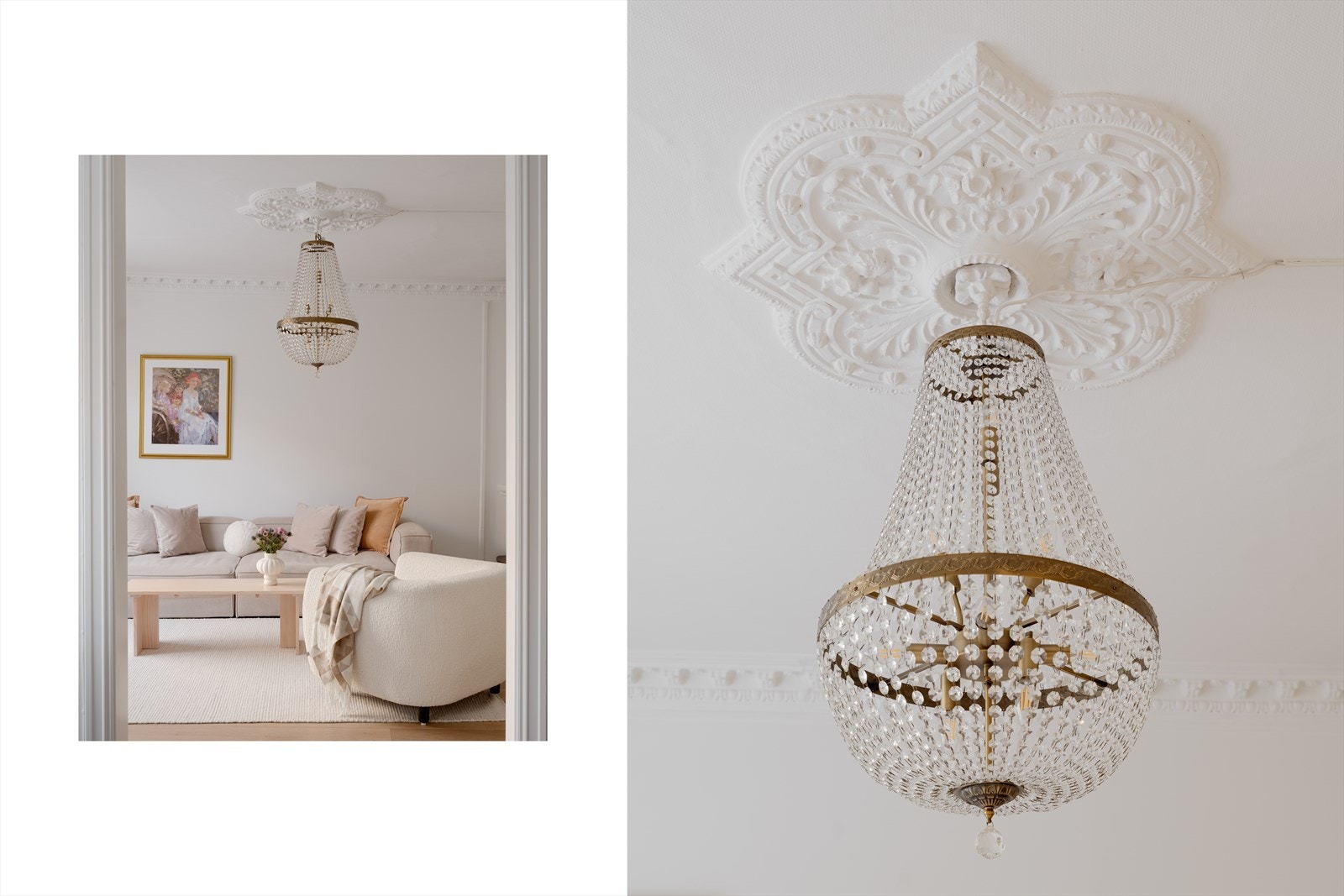 Leiligheten byr på vakre, klassiske detaljer som stukkatur langs taket og elegante rosetter i himlingen. Galleribilde