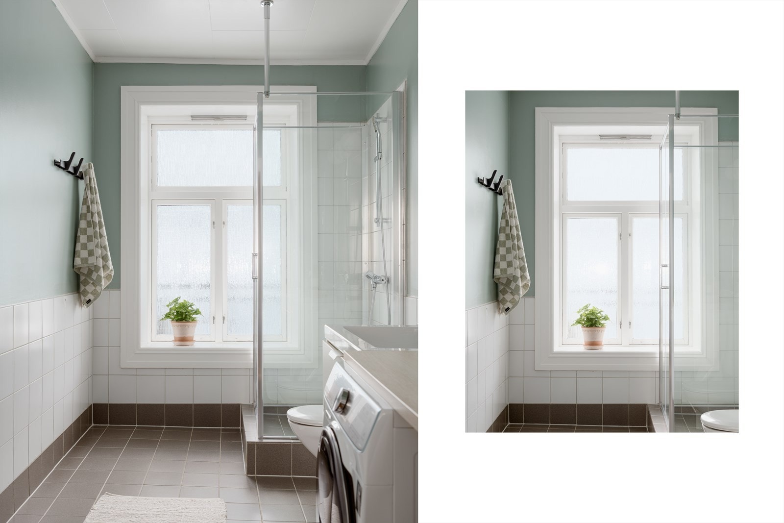 Badet er et eldre, plassbygget våtrom og har et klassisk preg med fliser på gulv og deler av veggene. Det er elektrisk gulvvarme. Galleribilde