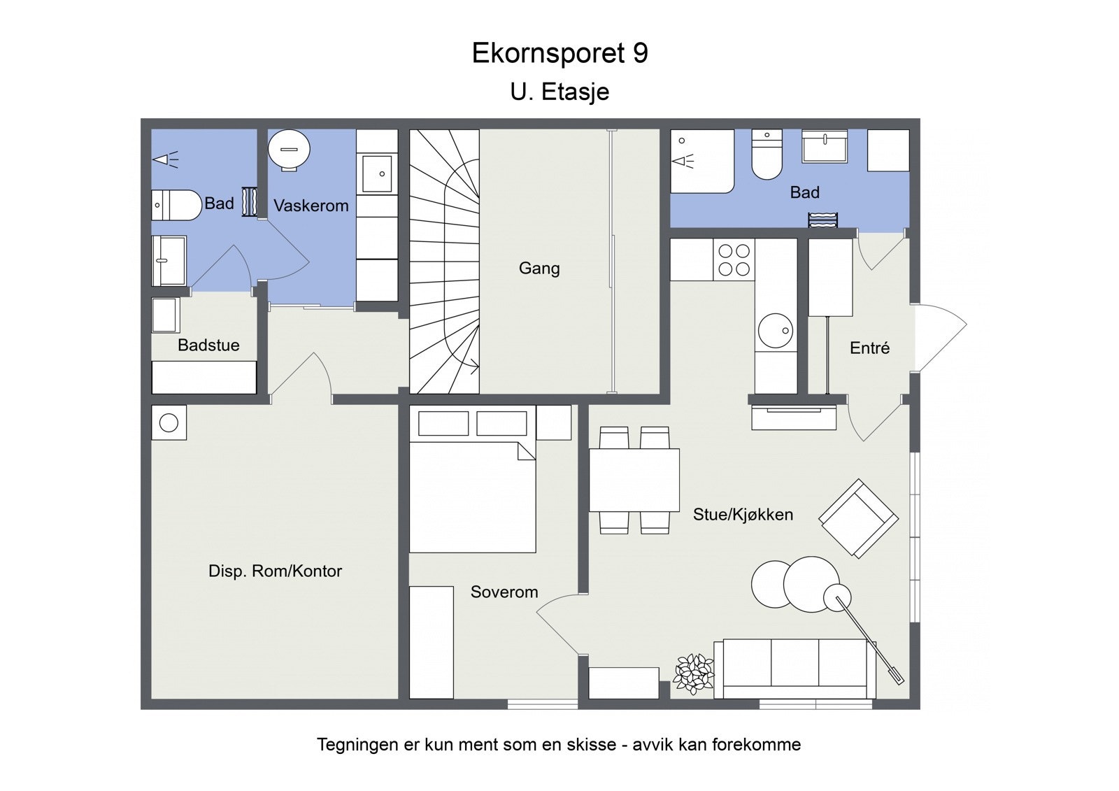 Ekornsporet 9 - plantegning underetasje med hybel. Galleribilde