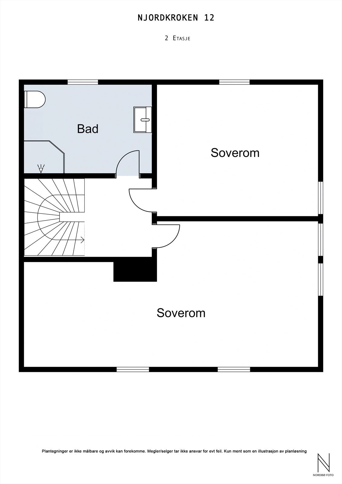 Plantegning 2. etasje Soverom 4 (Soverommet er gjort større - fjernet bod - som er søknadspliktig). Se originale tegninger i salgsoppgave, evt. konferer megler.) Galleribilde