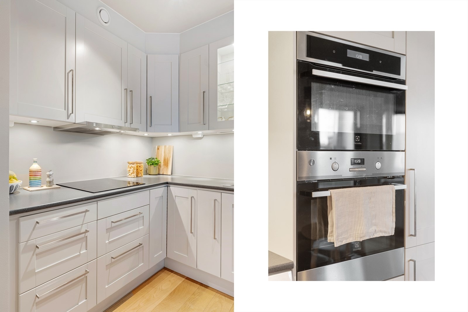 Kjøkkenet er utstyrt med integrerte hvitevarer i form av platetopp med induksjon, stekeovn, stekeovn/mikrobølgeovn og kjøleskap med frys. Opplegg for oppvaskmaskin. Galleribilde