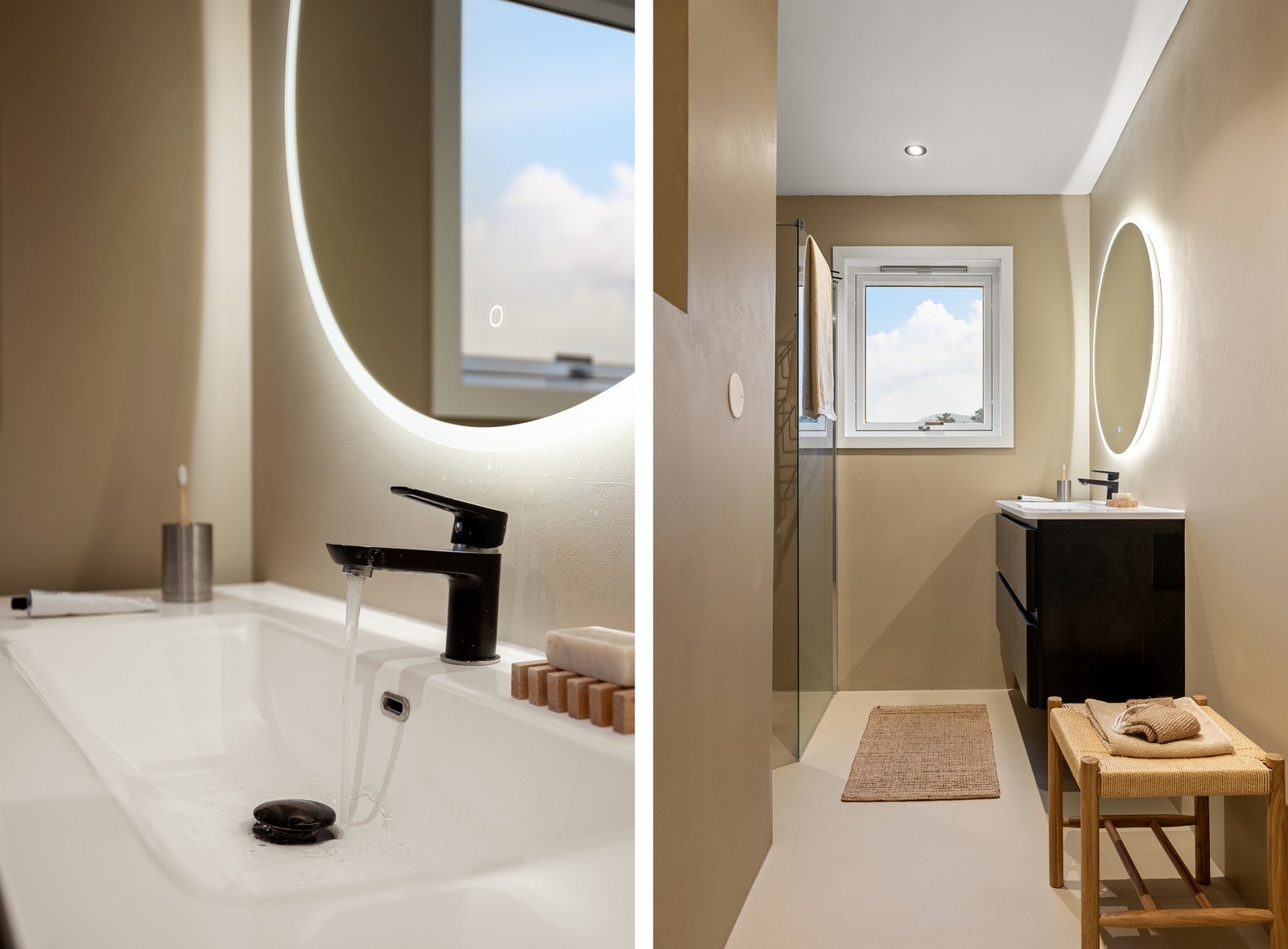 Badet har opplegg for vaskemaskin under vask (plugget). Galleribilde