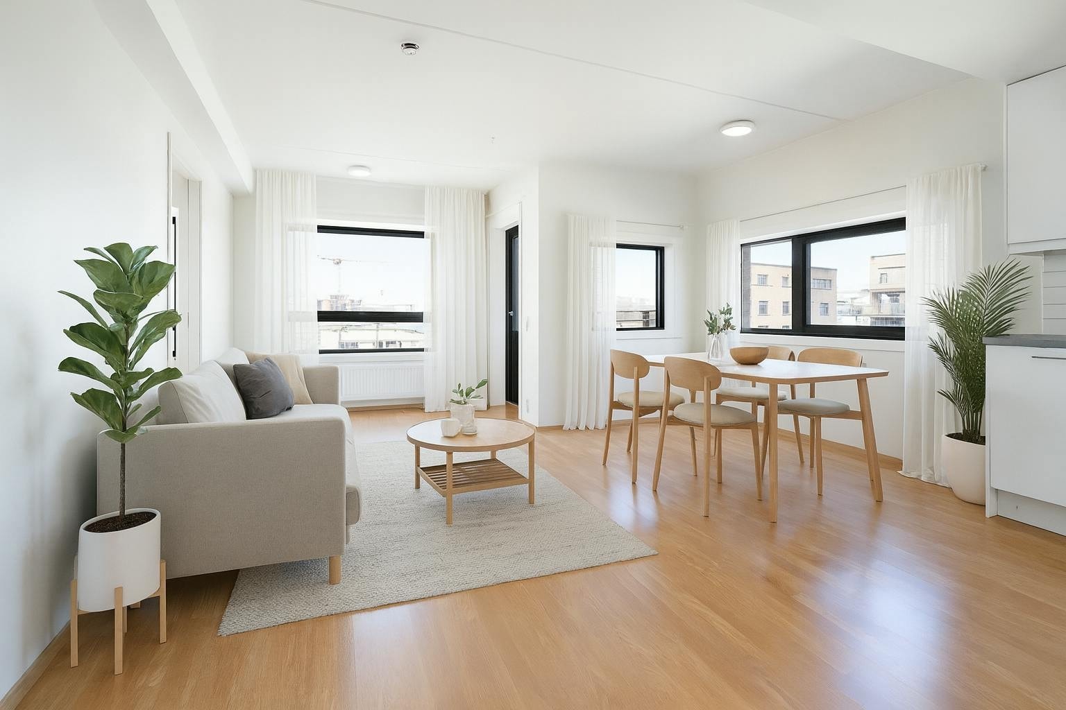 Kjøkken stue i vinkel, plass til sofa og spisebord(digital styling) Galleribilde