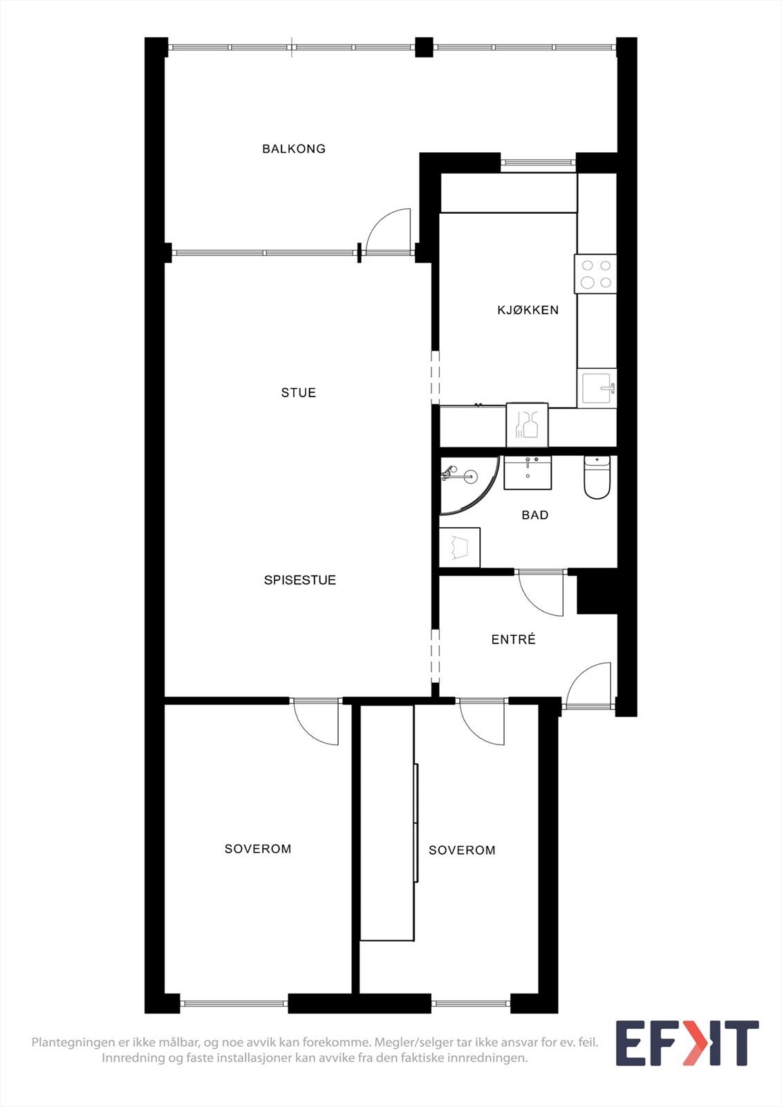 Leiligheten har en arealeffektiv planløsning med to soverom, bad, kjøkken og stue. Galleribilde