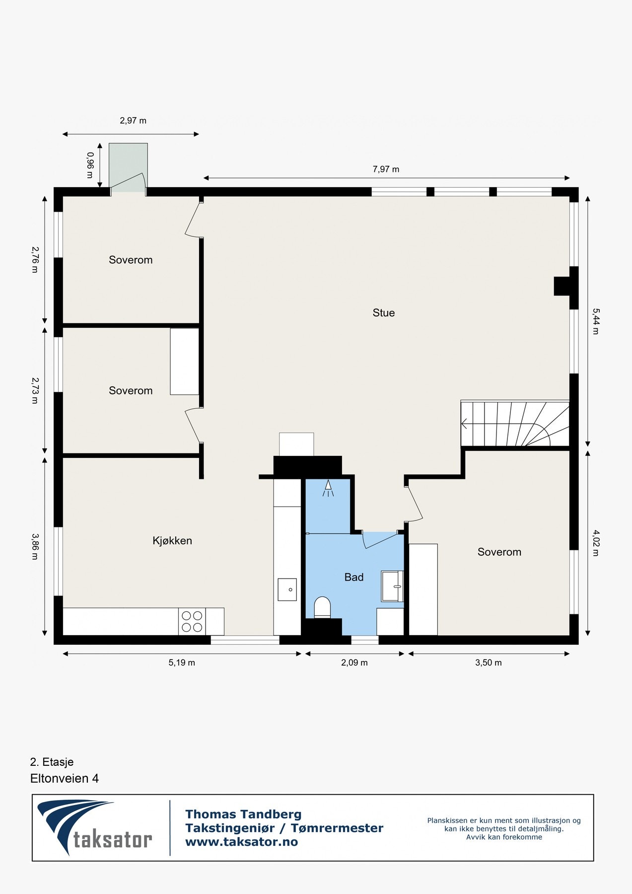 Boligen har egen inngang i første etasje, og går over hele annen etasje og har eget lagringsloft. Galleribilde