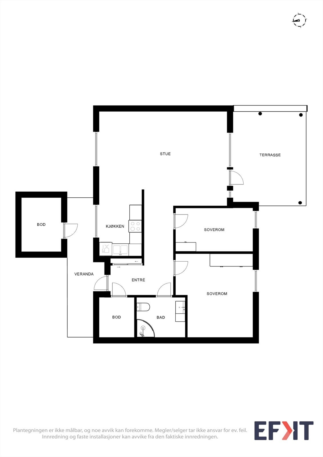 Plantegningen viser en arealeffektiv leilighet på 75 m². Galleribilde
